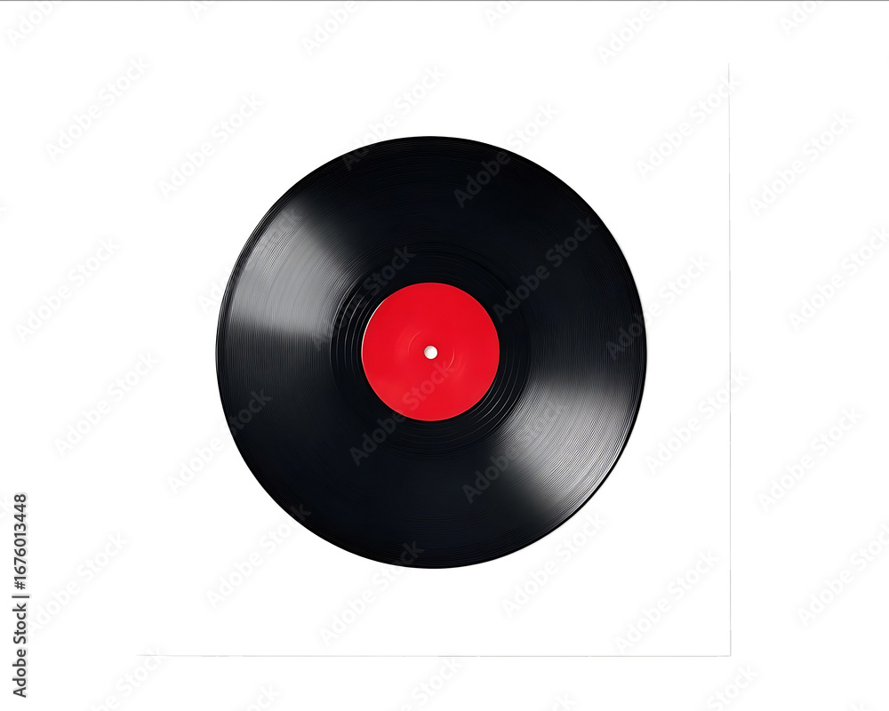 Fototapeta premium Black vinyl record with a white blank paper cover isolated on a white background top view Mockup for design printing or text effects Flat lay White paper moc