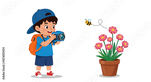 A little boy holding a camera and taking a picture of a bee on the flowers.