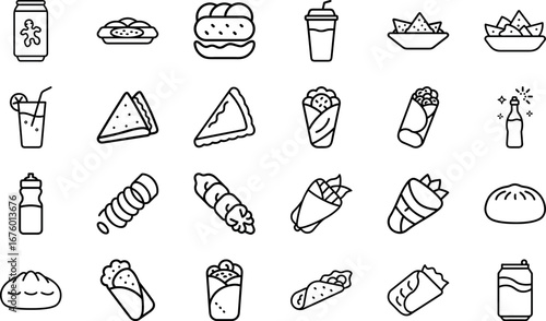 Fast Food and Drink Line Art Icons Set, Outline Vector of Burger, Sandwich, Taco, Wrap, Soda, Juice, Snacks, Restaurant, Cafe, Delivery and Menu Illustration Collection