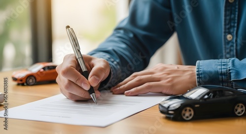 A persons hands signing a document with a pen, with miniature black and orange sports cars placed on a wooden desk, suggesting car insurance or purchase