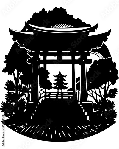 Japanese Shrine Silhouette Art