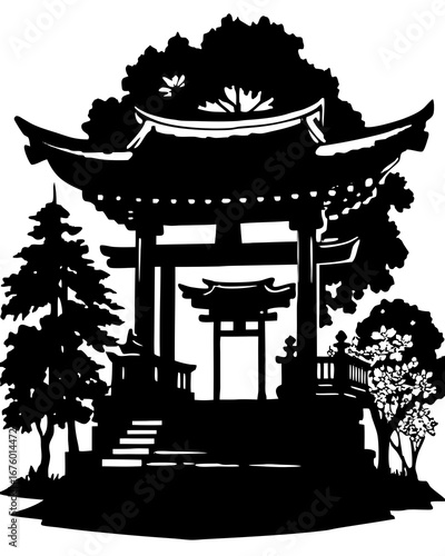 Japanese Shrine Silhouette Art