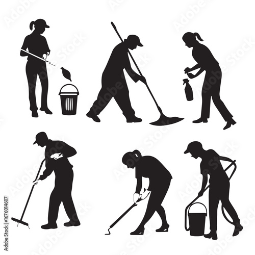 Silhouettes of people cleaning with various tools isolated on white background