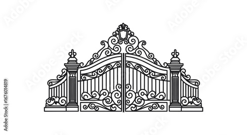 Ornate Wrought Iron Double Gates with Decorative Scrollwork and Pillars.