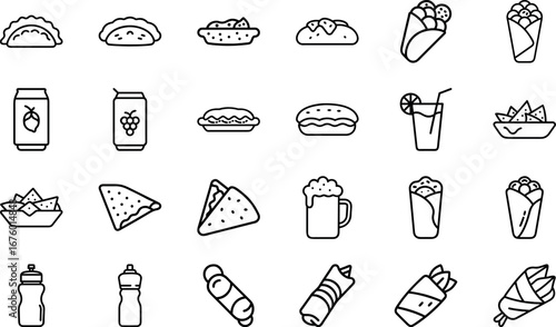 Fast Food and Drink Line Art Icons Set, Outline Vector of Burger, Sandwich, Taco, Wrap, Soda, Juice, Snacks, Restaurant, Cafe, Delivery and Menu Illustration Collection