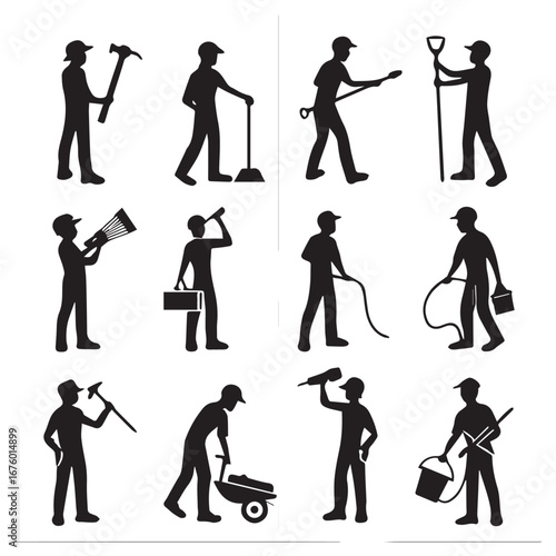 Silhouettes of workers in various occupations isolated on white background