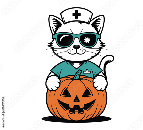 Cute cat nurse wearing scrubs and sunglasses holding halloween pumpkin in black and white isolated vector illustration