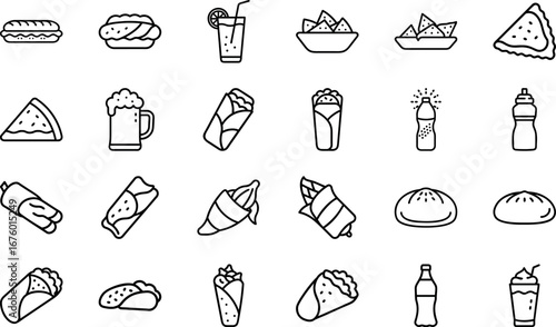 Fast Food and Drink Line Art Icons Set, Outline Vector of Burger, Sandwich, Taco, Wrap, Soda, Juice, Snacks, Restaurant, Cafe, Delivery and Menu Illustration Collection