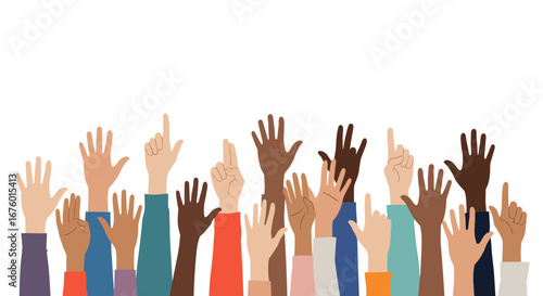 Diverse group of people raising hands in a classroom or meeting environment showing participation and engagement