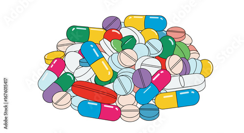 A large pile of colorful pharmaceutical capsules and pills for medical treatment and healthcare