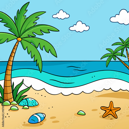 Vibrant tropical beach scene with palm trees ocean waves and starfish perfect for summer getaways