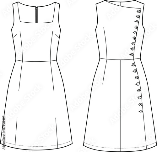 Flat fashion CAD dress design with asymmetrical buttons, sleeveless bodice, vector illustration, technical sketch for apparel production