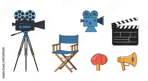 Collection of vintage film making equipment including cameras directors chair megaphone and clapperboard