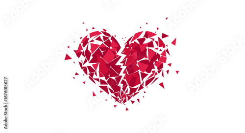 Abstract representation of a fractured heart exploding into numerous geometric shards symbolizing emotional devastation and heartbreak
