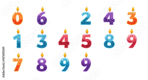 Collection of brightly colored number candles for celebrations and birthdays