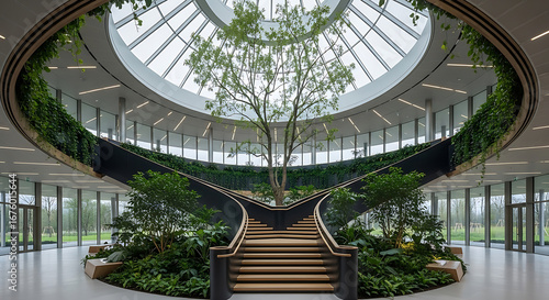 Modern office building interior with grand staircase and lush greenery