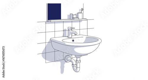 Bathroom sink with faucet shelf and mirror for hand washing and personal hygiene routines