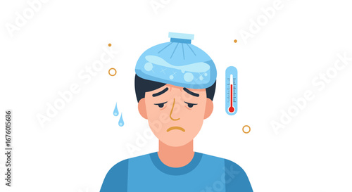 Feeling unwell person with ice pack on head and thermometer showing fever symptoms sick and uncomfortable healthcare concept