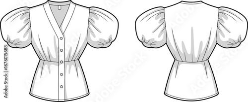 Trendy puff sleeve blouse front and back flat sketch, button up detail, fashion CAD design, technical vector drawing illustration