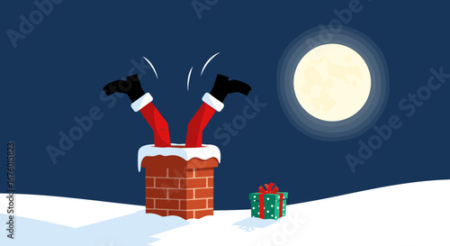 Santa claus stuck in chimney delivering presents on a winter night under the full moon