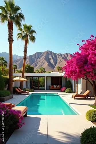 Mid-century modern architecture in Palm Springs, California, bathed in the warm desert sun Iconic poolside view with vibrant bougainvillea Relaxing oasis, perfect getaway , oasis, plants