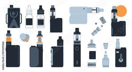 Collection of modern vaping devices and e-liquid bottles for electronic cigarette enthusiasts