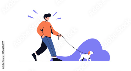 A person happily walking their dog outdoors enjoying a sunny day together