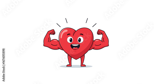 A cartoon heart character showing off its strong biceps and flexing muscles with a big happy smile