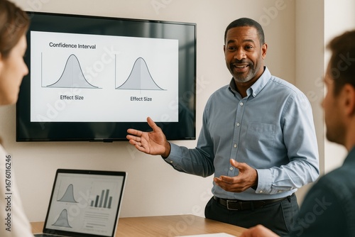 Business professional explaining confidence interval graphs to colleagues during meeting in office with bright background light and modern concept. Ai generative