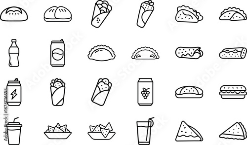 Fast Food and Drink Line Art Icons Set, Outline Vector of Burger, Sandwich, Taco, Wrap, Soda, Juice, Snacks, Restaurant, Cafe, Delivery and Menu Illustration Collection