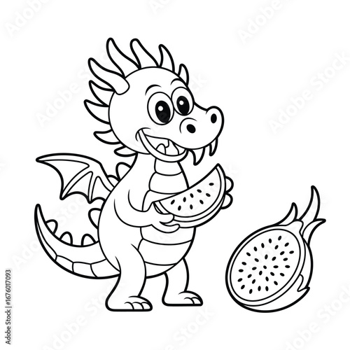 Cute cartoon dragon holding a slice of dragon fruit