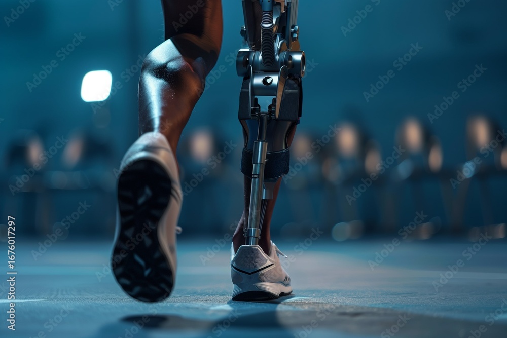 Naklejka premium Close up of athletic prosthetic leg on faceless runner, minimalist studio background, modern technology theme.