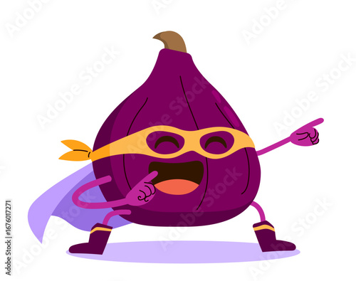 Playful cartoon illustration of a cute super hero fig character striking a funny pose. Mascot for children's products, healthy eating campaigns, fruit branding and educational materials
