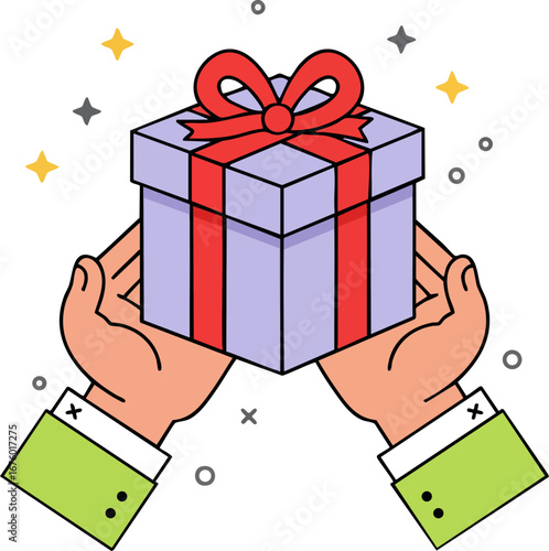 Hands holding a purple gift box with red ribbon and bow present