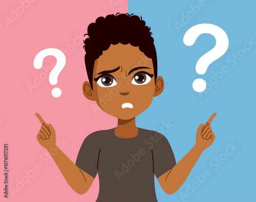 Cartoon illustration of a black student girl pointing with both hands at left and right question marks. Vector drawing for decision making, education choices and academic challenges