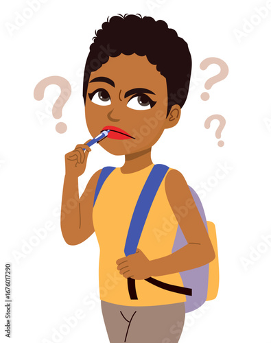 Expressive cartoon illustration of a black student girl with school bag, thinking with pen on her mouth and question marks in background. Isolated drawing for education, decision making, back to schoo