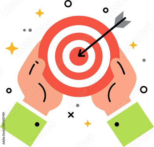 Business hands holding target with arrow hitting bullseye