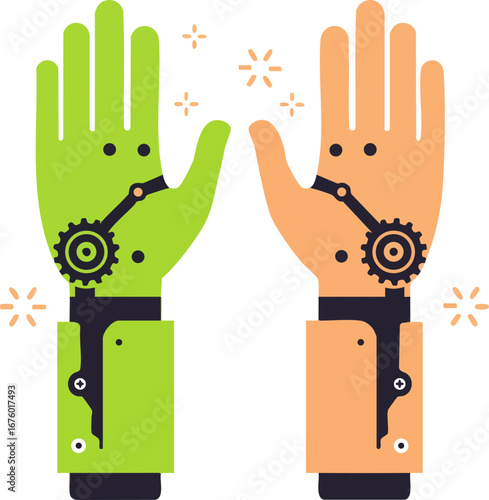 Bionic hands with gears and circuits representing technology