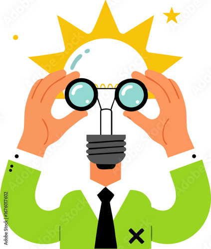 Person with lightbulb head holds binoculars for creative vision