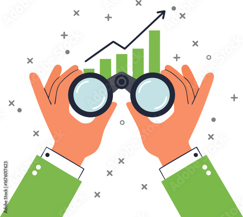 Hands holding binoculars for viewing business growth charts