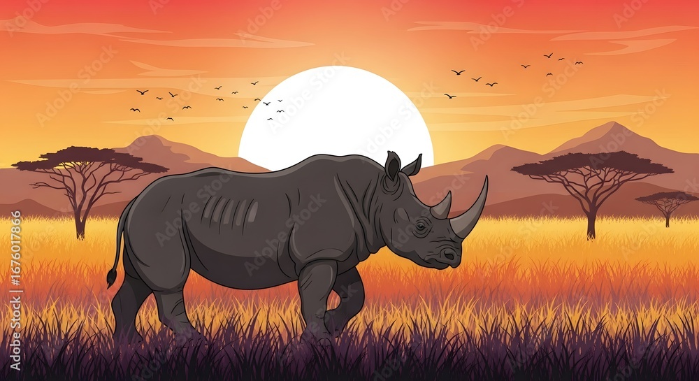 Fototapeta premium A rhinoceros walks across the savanna at sunset, with acacia trees and mountains in the background under a vibrant orange sky