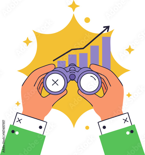 Hands with binoculars observing positive market growth