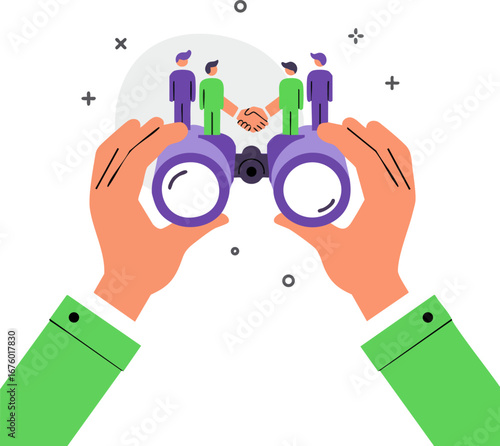 Hands with binoculars viewing handshake for business deal
