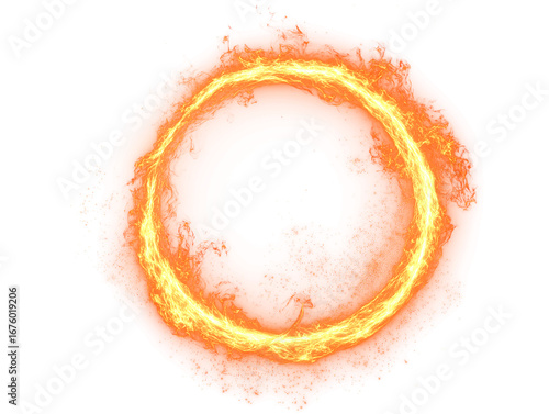 A perfectly circular, vibrant ring of intense, swirling fire, radiating bright orange and yellow light against a pure white background, showcasing dynamic flames and heat shimmer