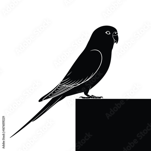 Silhouette of a small bird perched on a black surface against a white background