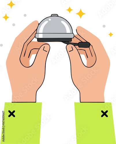 Hands Holding Service Bell with Sparkles Vector Illustration