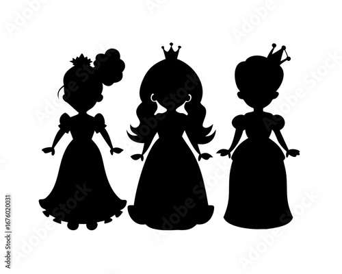 Set of silhouettes of princess.elegant princess silhouette vector set in fairy-tale poses with flowing gowns and tiaras on clean white background
