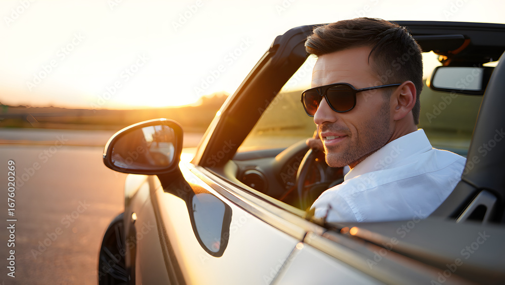 Naklejka premium A stylish man in sunglasses drives a convertible at sunset, embodying freedom and adventure on an open road, radiating confidence