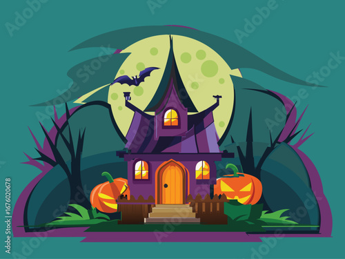 Spooky Halloween Night with Haunted House and Glowing Pumpkins Under a Full Moon Creepy Gothic Mansion with Bat Silhouette in the Dark Forest Scene