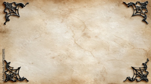 Halloween backgrounds spooky, A textured, aged paper background adorned with intricate black spider web designs at the corners, creating a spooky, vintage atmosphere.